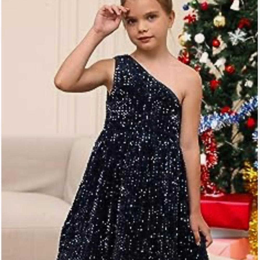 Girls Sequin Dress One Shoulder Sparkle Party Dress with Hair Bow